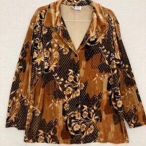 Vintage Maggie Sweet Brown Floral Velvet Stretch Relaxed Button Down size 1X